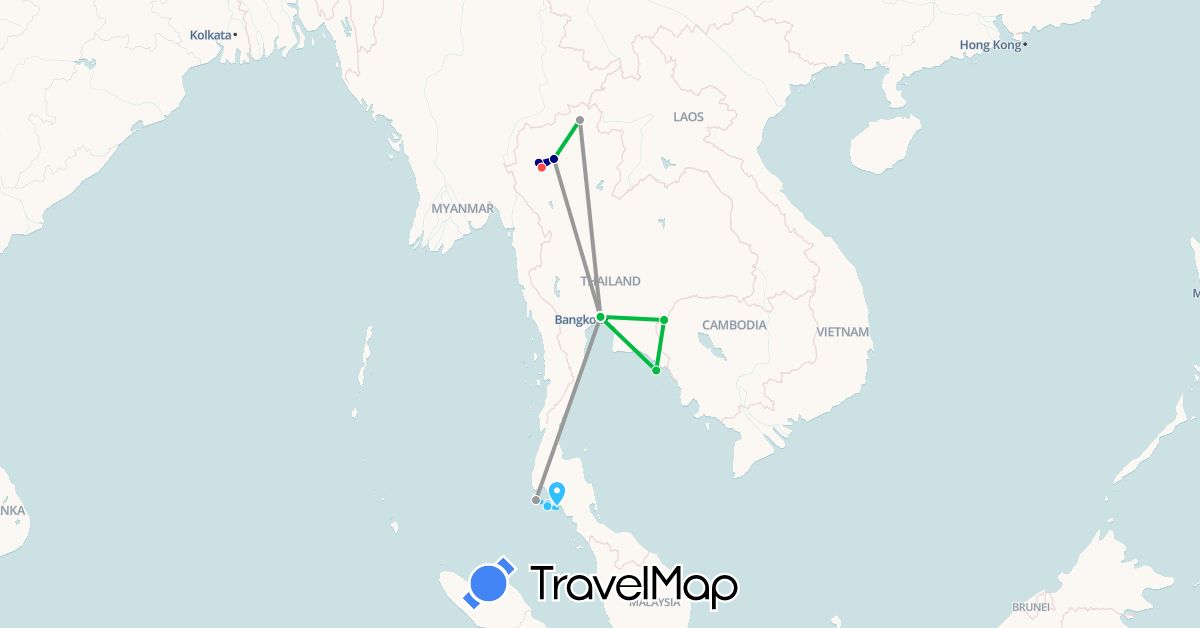 TravelMap itinerary: driving, bus, plane, hiking, boat in Cambodia, Thailand (Asia)