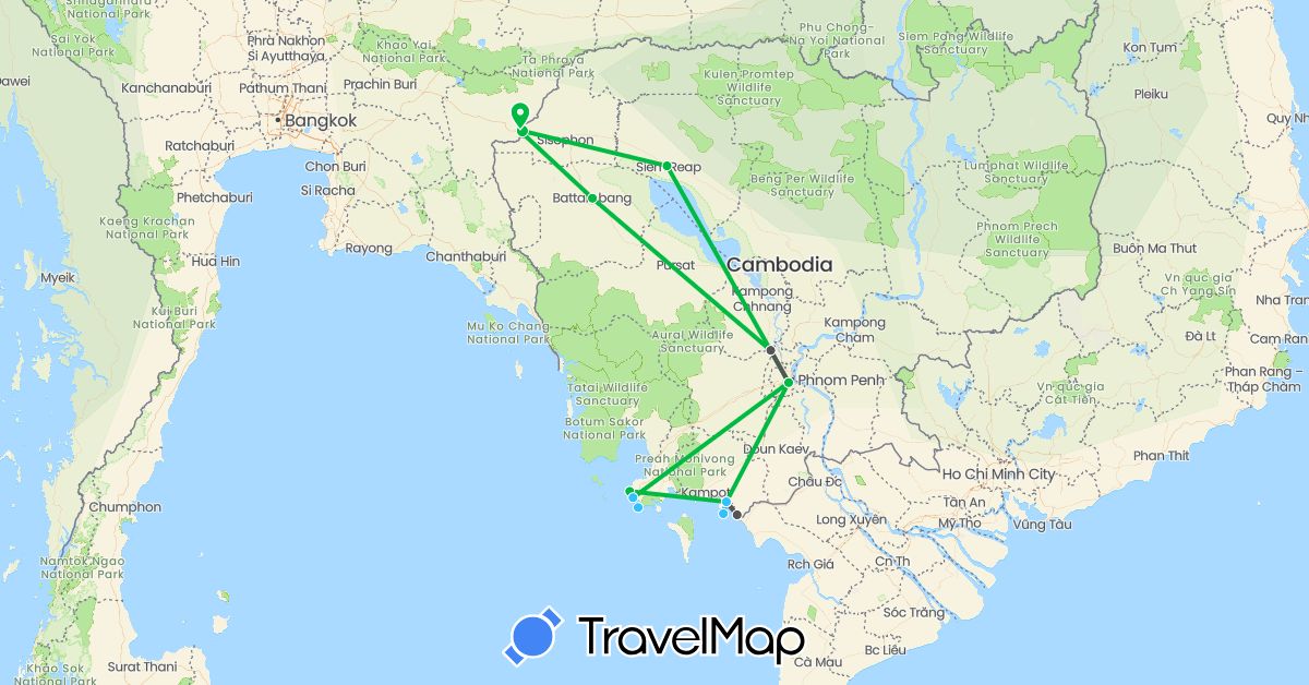 TravelMap itinerary: bus, boat, motorbike in Cambodia (Asia)