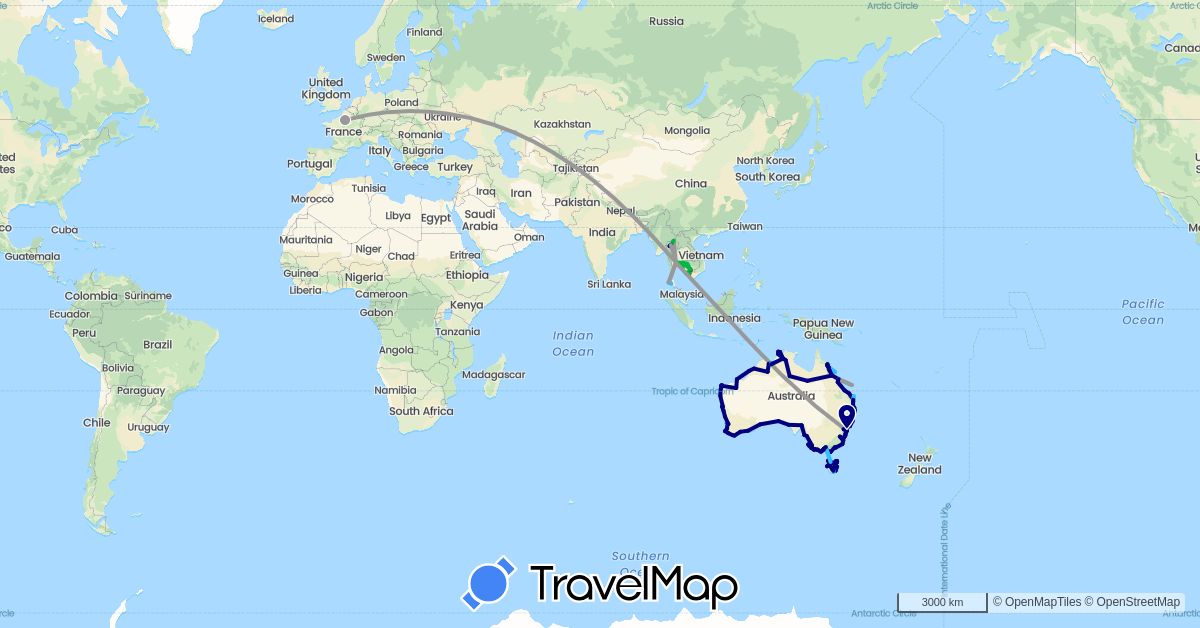 TravelMap itinerary: driving, bus, plane, hiking, boat, motorbike in Australia, France, Cambodia, Thailand (Asia, Europe, Oceania)